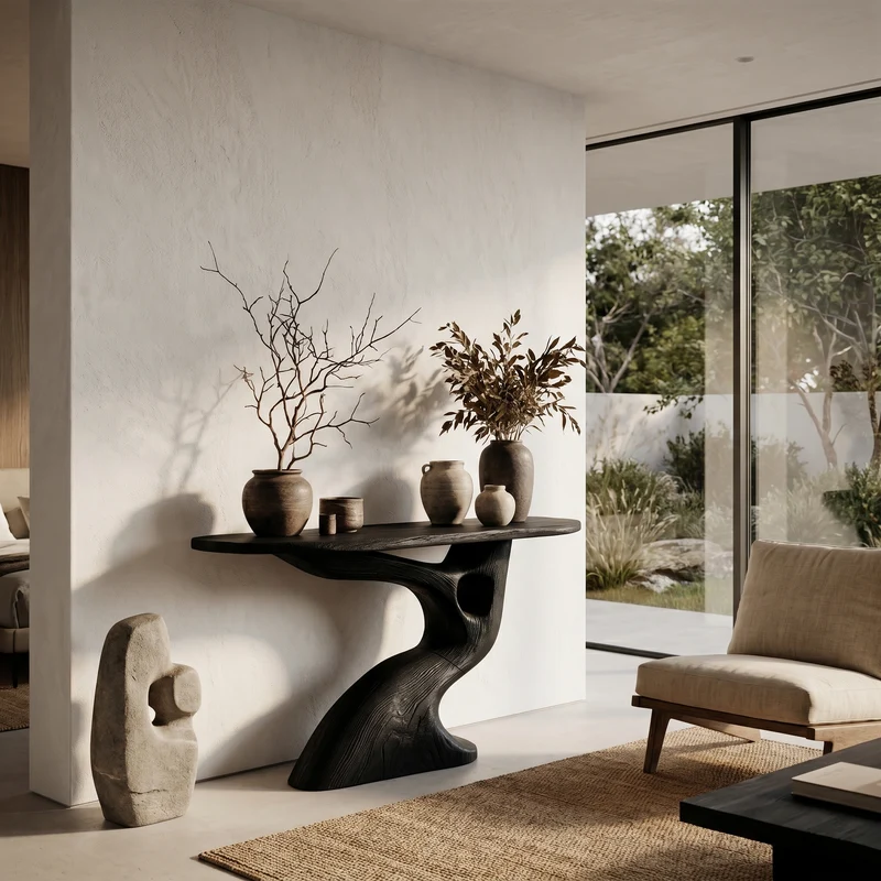 Spry Interior Tree-Inspired Console Table with Sculptural Wood Structure, Handcrafted Solid Wood Live Edge Entryway & Foyer Table, SINLHACS623