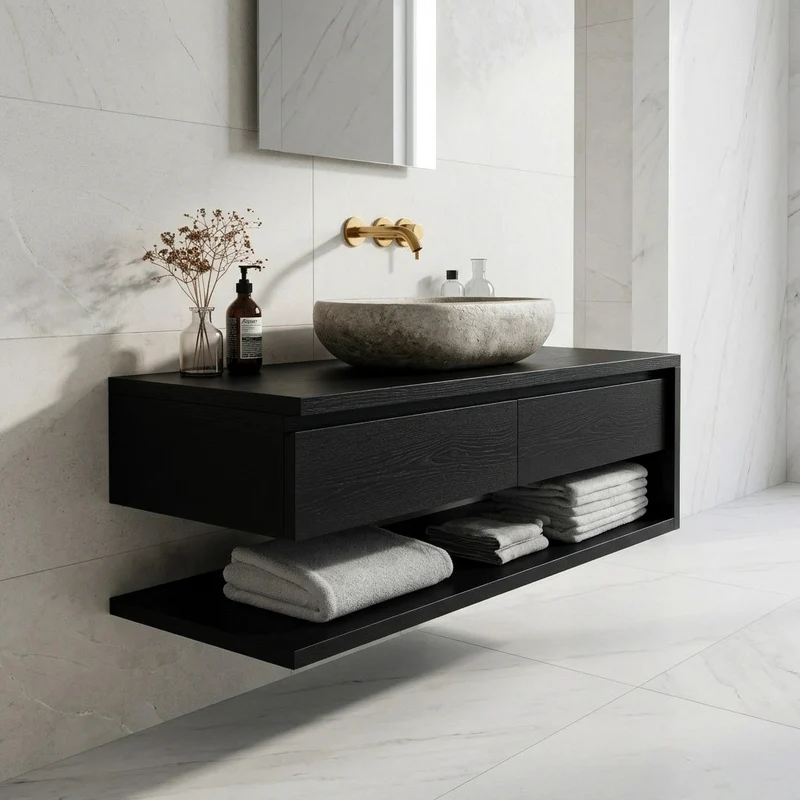 Spry Interior Contemporary Wall-Mounted Wood Bathroom Vanity, Floating Solid Wood Single Vanity Cabinet for Restroom Storage, RTTHHNBRV008
