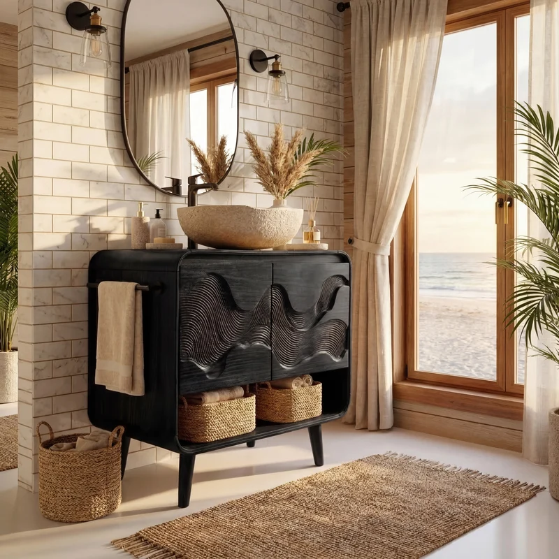 Spry Interior Coastal Solid Wood Bathroom Vanity, Floating Single Basin Sink Cabinet with Under-Sink Storage, Natural Oak Finish, RTTHHNBRV014