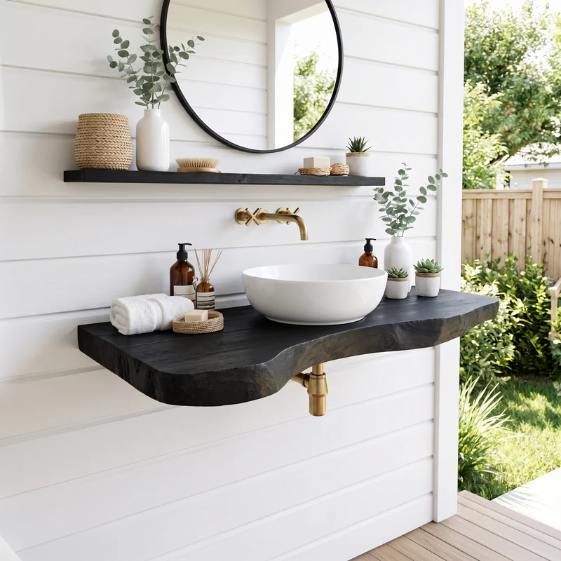 Spry Interior Rustic Live Edge Wood Bathroom Vanity, Floating Single Basin Sink Cabinet, Wall-Mounted Wood Under Sink Storage Unit