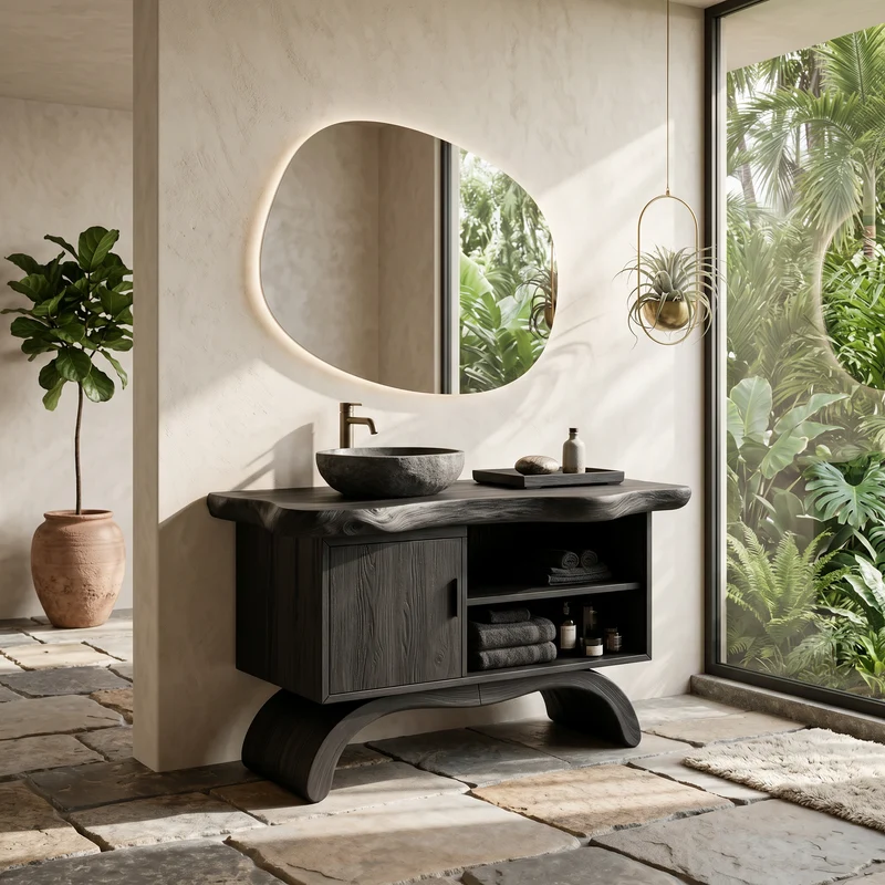 Spry Interior Minimalist Organic Wood Bathroom Vanity, Floating Single Basin Sink Cabinet with Open Shelf Storage for Restroom, SILDTTNBRV065