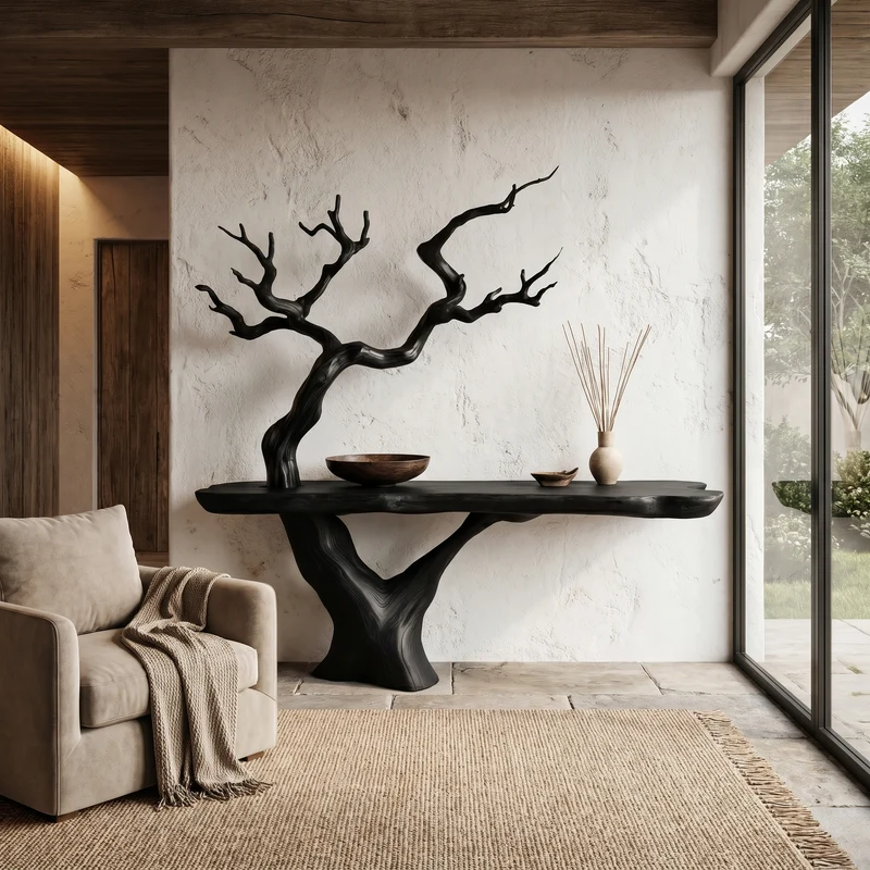 Rustic Live Edge Console Table with Sculptural Tree Branch Base, Handcrafted Solid Wood Foyer Sofa Table for Entryway & Living Room, SINLHACS613
