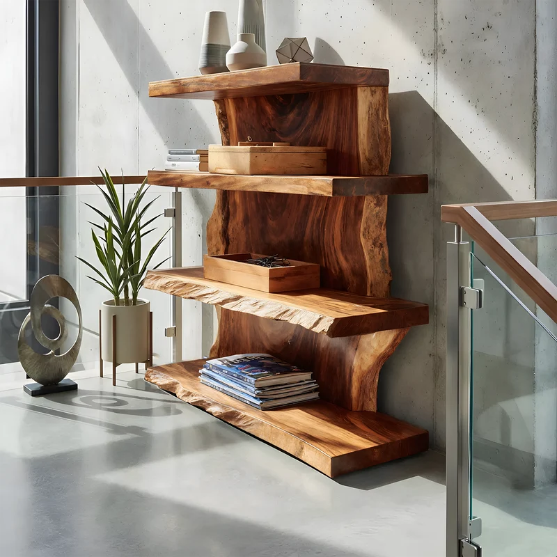 Modern Wooden Live Edge Standing Shelf, Tiered Solid Wood Bookshelf Organizer with Metal Frame for Living Room Entryway Storage Decor, SILDTTNFGS013