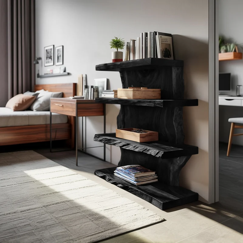 Modern Wooden Live Edge Standing Shelf, Tiered Solid Wood Bookshelf Organizer with Metal Frame for Living Room Entryway Storage Decor, SILDTTNFGS013