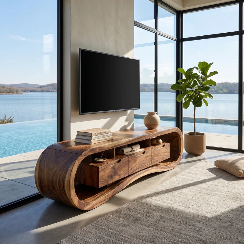 Spry Interior Modern Sculptural TV Stand Console, Handcrafted Solid Wood Media Center Cabinet for Minimalist Luxury Living Room, SILDTTRTVC097