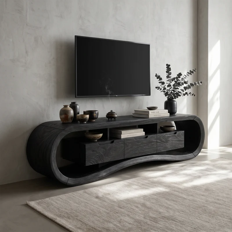 Spry Interior Modern Sculptural TV Stand Console, Handcrafted Solid Wood Media Center Cabinet for Minimalist Luxury Living Room, SILDTTRTVC097