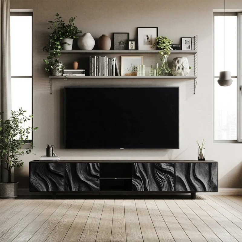 Spry Interior Farmhouse TV Console Table, Rustic Reclaimed Wood Media Center Cabinet with Shelving for Cozy Living Room Decor, SILDTTNTVC069