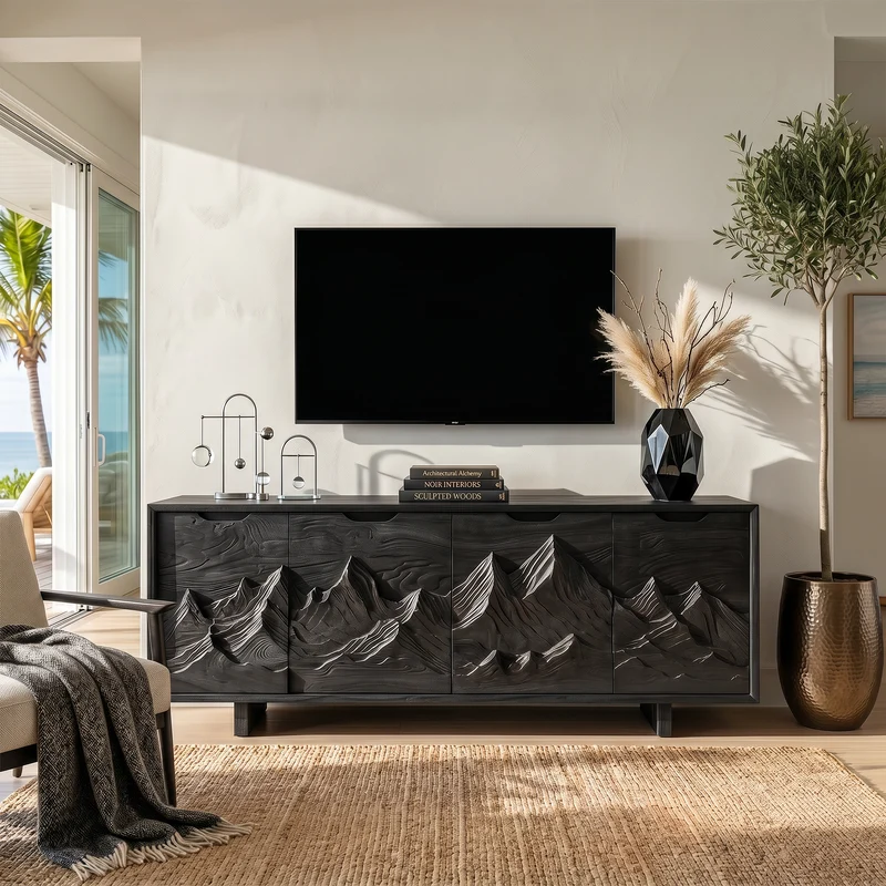 Spry Interior Mountain Carved Wood Media Console Table, Handcrafted Rustic 3D Forest TV Stand for Cabin Living Room Decor, SILDTTRTVC073