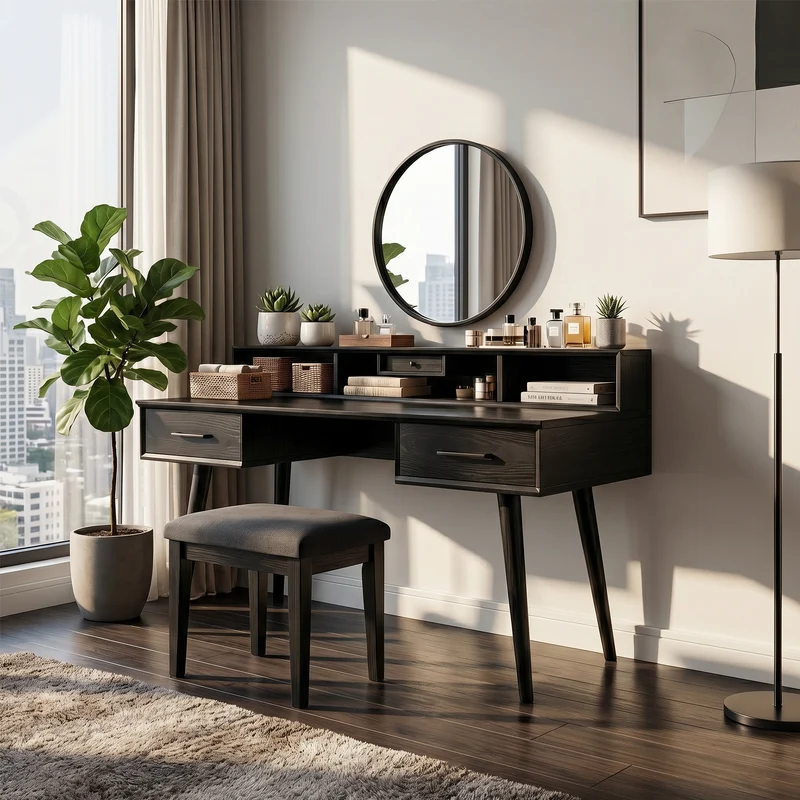 Spry Interior Elegant Wooden Vanity Table, Handcrafted Solid Wood Dressing Desk with Mirror & Drawers for Bedroom Makeup Studio, SILDTTRMV023