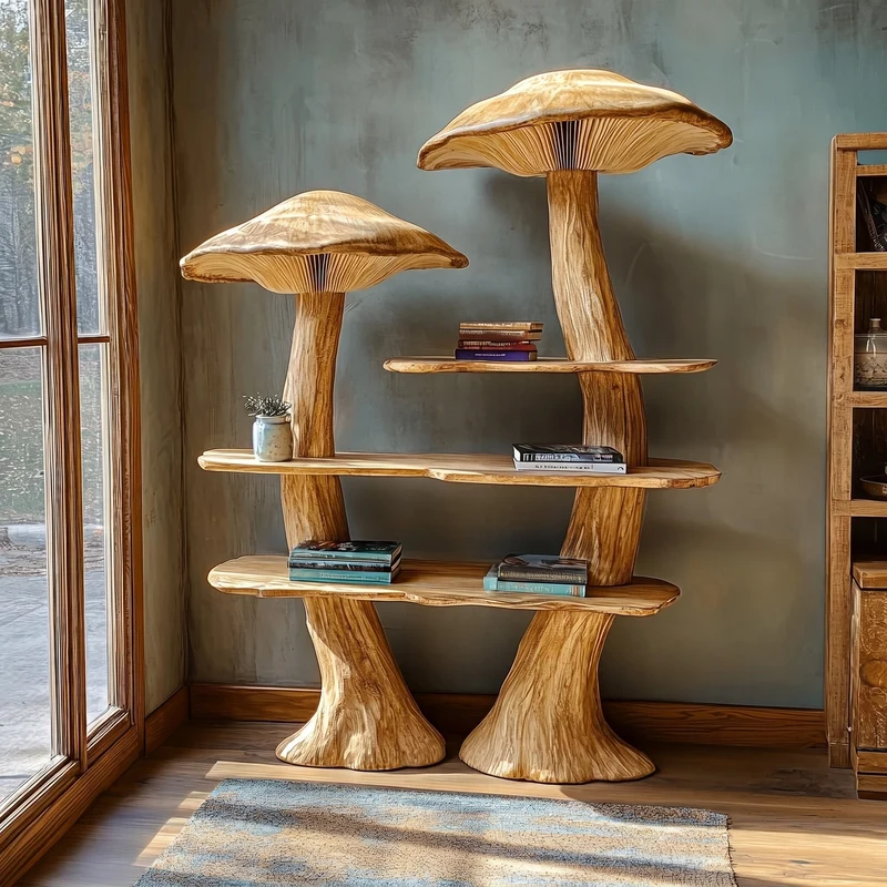 Spry Interior Rustic Mushroom Bookshelf with Tree Trunk Base, Solid Wood Shelving & Display Bookcase for Whimsical Decor, SINLKITB748