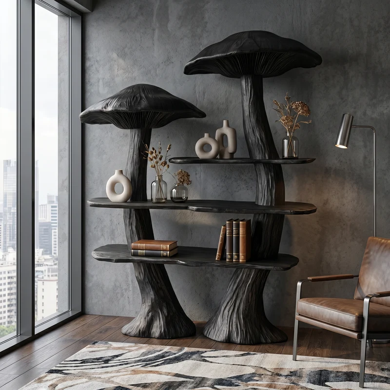 Spry Interior Rustic Mushroom Bookshelf with Tree Trunk Base, Solid Wood Shelving & Display Bookcase for Whimsical Decor, SINLKITB748