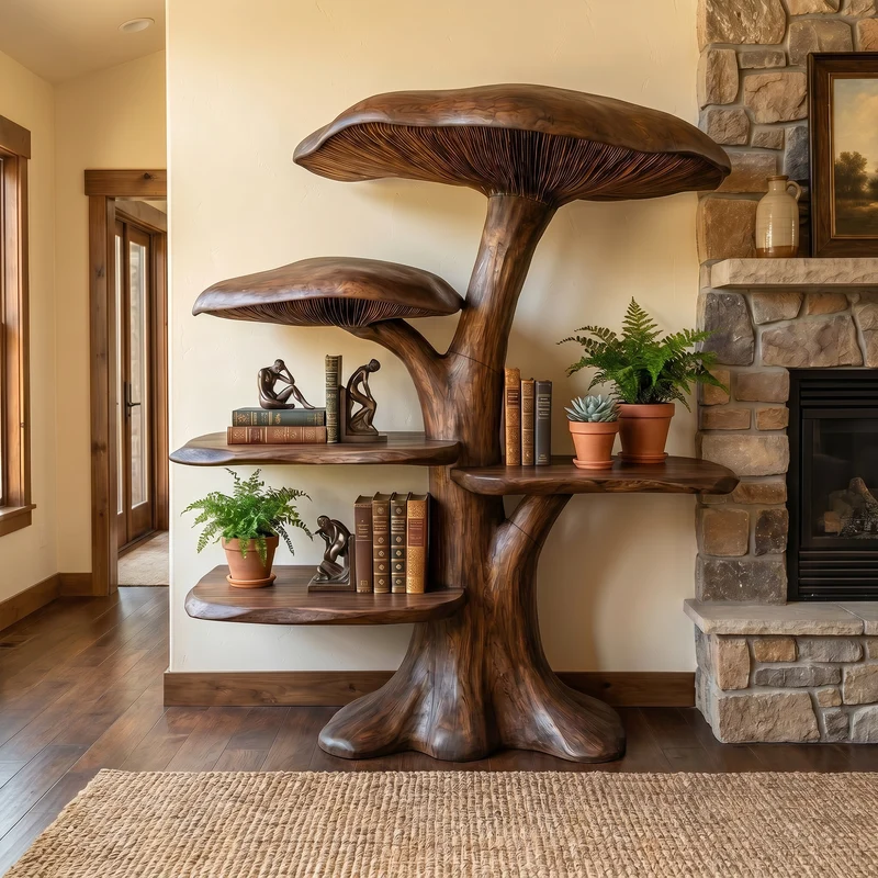 Spry Interior Organic Mushroom Shelf with Sculptural Solid Wood Form, Decorative Wall-Mounted Display Floating Shelf Unit, SINLKITB747