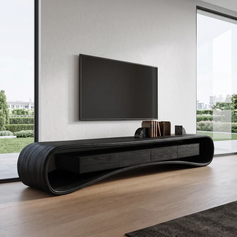 Spry Interior Modern Luxury Curved Wood Media Console, TV Stand & Entertainment Center Sideboard Credenza for Living Room, SITHHNTVC045