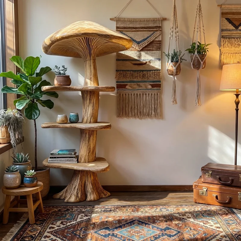 Spry Interior Organic Mushroom Bookshelf with Handcrafted Solid Wood Shelves, Whimsical Bookcase & Storage Unit for Living Room, SINLKITB745