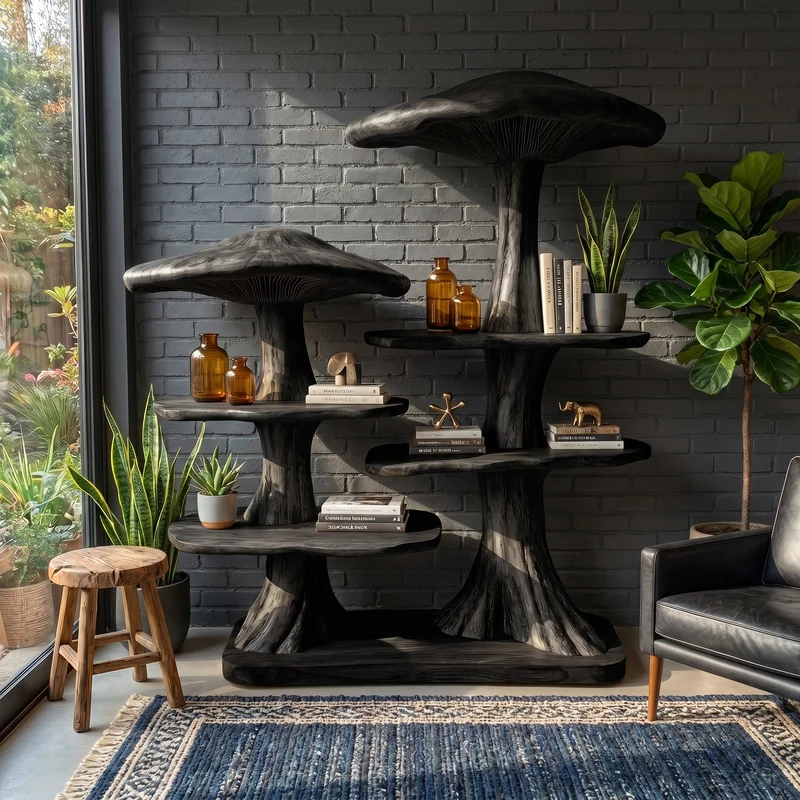 Mushroom Tree Bookshelf With Handcrafted Solid Wood Structure For Reading Corner SINLKITB744