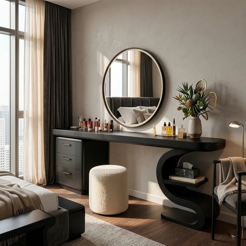 Spry Interior Modern Sculptural Vanity Table, Elegant Wooden Makeup Dressing Desk Console with Storage for Bedroom & Studio, SITHTTMV021