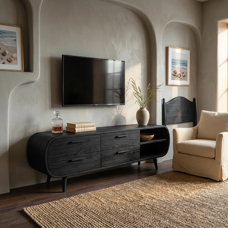Spry Interior Warm Minimalist Wooden TV Console, Luxury Solid Wood Media Stand & Entertainment Credenza, SILDTTRTVC104