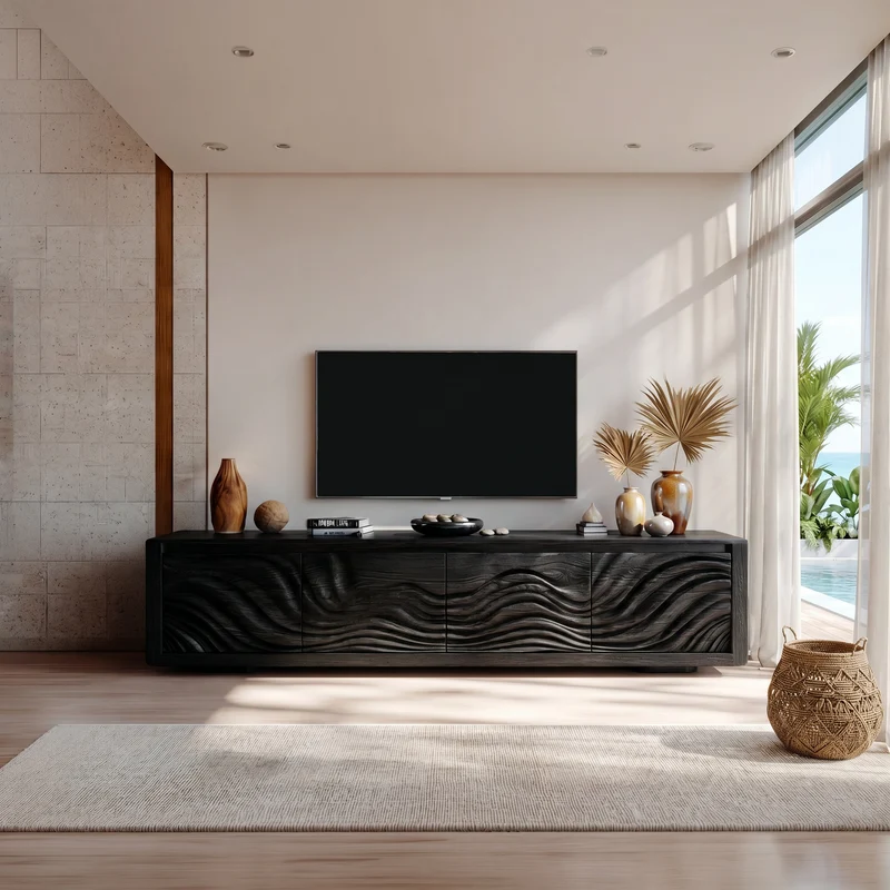 Spry Interior Organic Curved Media Console, Boho Chic Solid Wood TV Stand & Entertainment Center Sideboard, SILDTTRTVC098