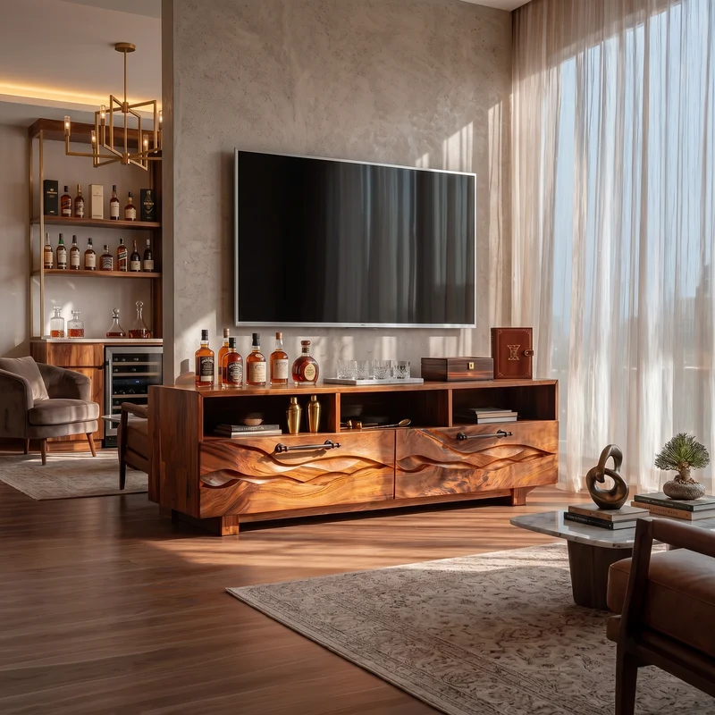 Spry Interior Organic Curved TV Cabinet, Modern Solid Wood Media Console & Entertainment Center Credenza, SILDTTRTVC096