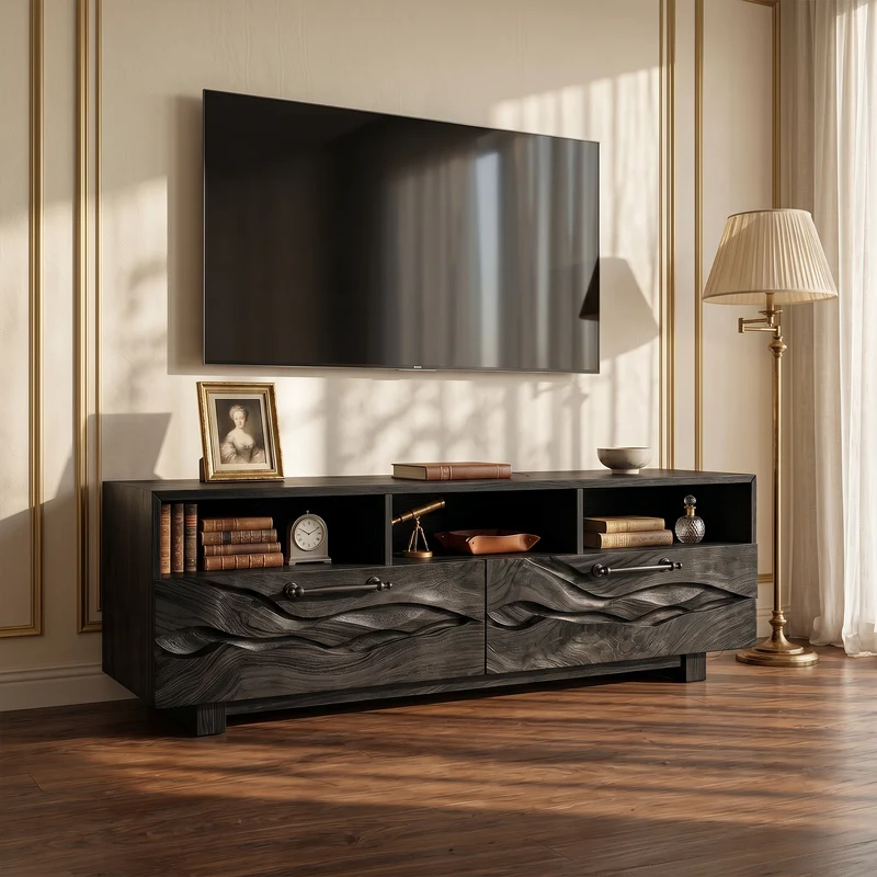 Spry Interior Organic Curved TV Cabinet, Modern Solid Wood Media Console & Entertainment Center Credenza, SILDTTRTVC096