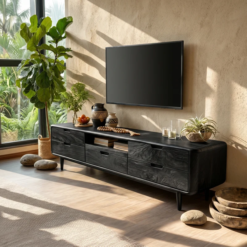 Spry Interior Japanese Zen TV Stand, Wabi-Sabi Solid Wood Low Profile Media Console & Entertainment Cabinet, SILDTTRTVC094