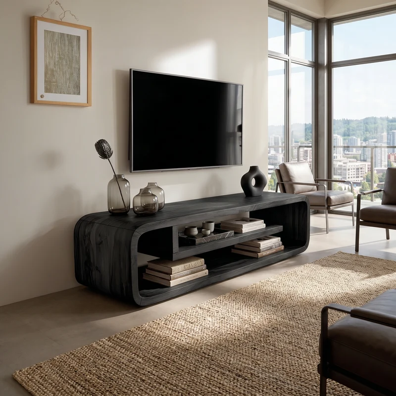 Spry Interior Luxury Curved Media Console, Solid Wood TV Stand & Modern Buffet Sideboard for Dining & Living Room, SILDTTRTVC090