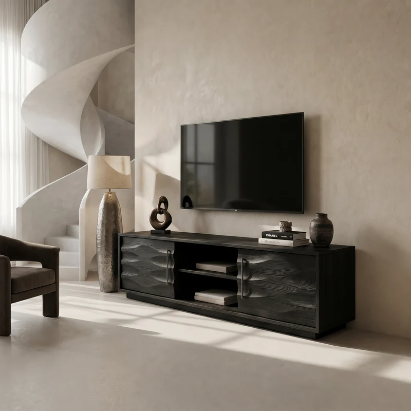 Spry Interior Rustic Curved Media Console, Solid Wood TV Stand & Arched Entertainment Cabinet Sideboard, SILDTTRTVC086