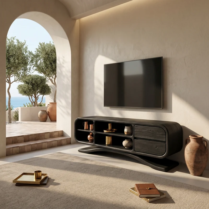 Spry Interior Boho Sculptural TV Cabinet, Solid Wood Hand-Carved Media Console & Entertainment Center, SILDTTRTVC084