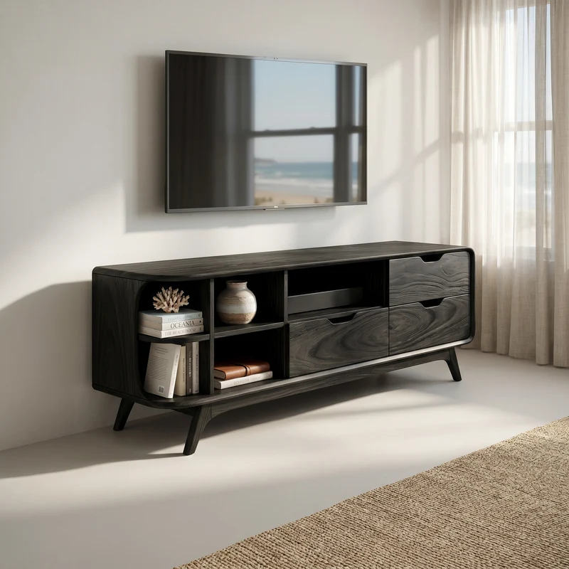 Spry Interior Mountain Carved Media Console, Rustic Solid Wood TV Stand & Artistic Entertainment Cabinet, SILDTTRTVC078
