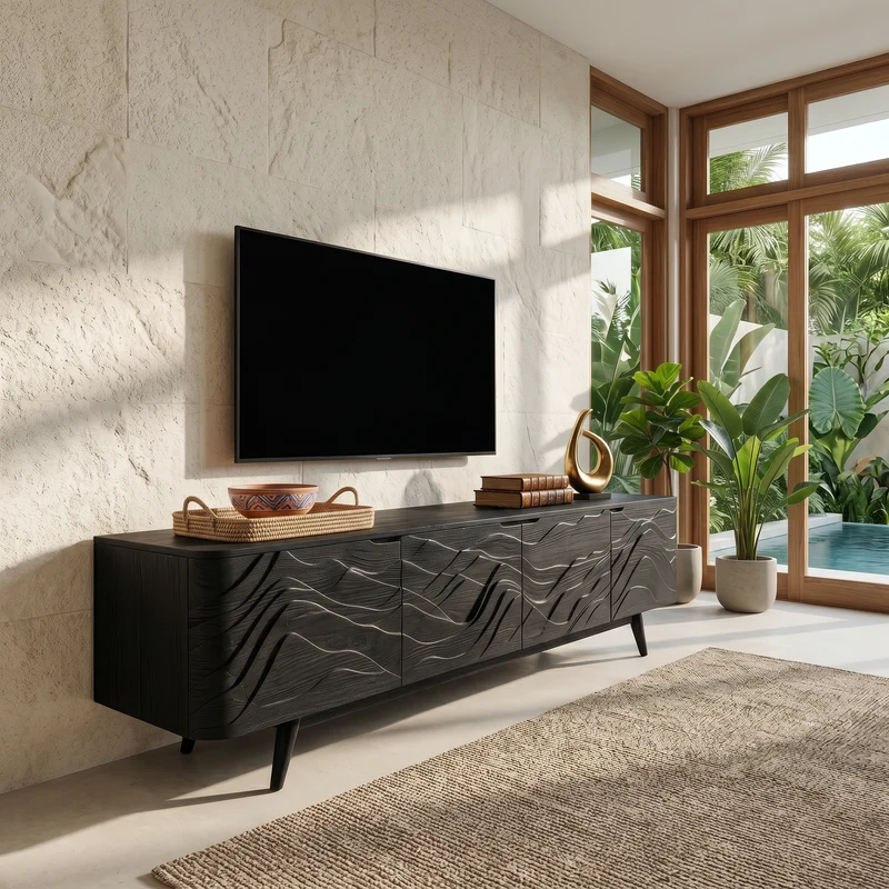 Spry Interior Handcrafted Wave Wood TV Stand, Sculptural Solid Wood Media Console & Entertainment Credenza, SILDTTRTVC074