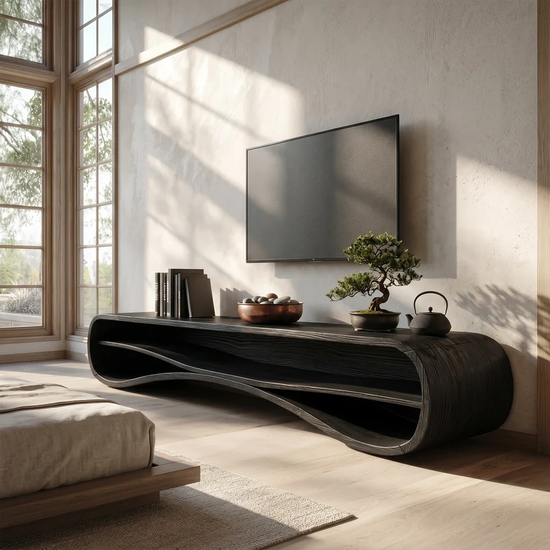 Spry Interior Modern Curved TV Stand, Solid Wood Coastal Media Console & Low Profile Sideboard Cabinet, SILDTTRTVC068