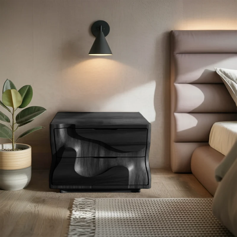 Spry Interior Modern Wavy Nightstand with Carved Drawer, Handcrafted Solid Wood Bedside Cabinet & End Side Accent Table for Bedroom, SITHHNNS005