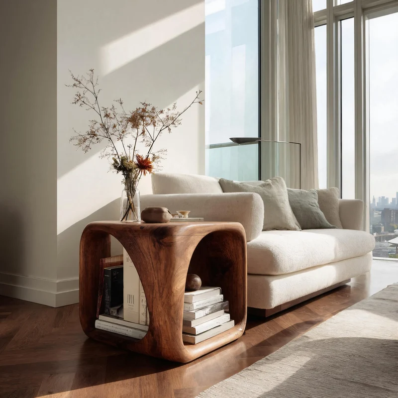 Spry Interior Modern Wooden Side Table with Sculptural Hollow Form, Handcrafted Solid Wood End Accent Table & Nightstand for Sofa, RTTHHNSTA015