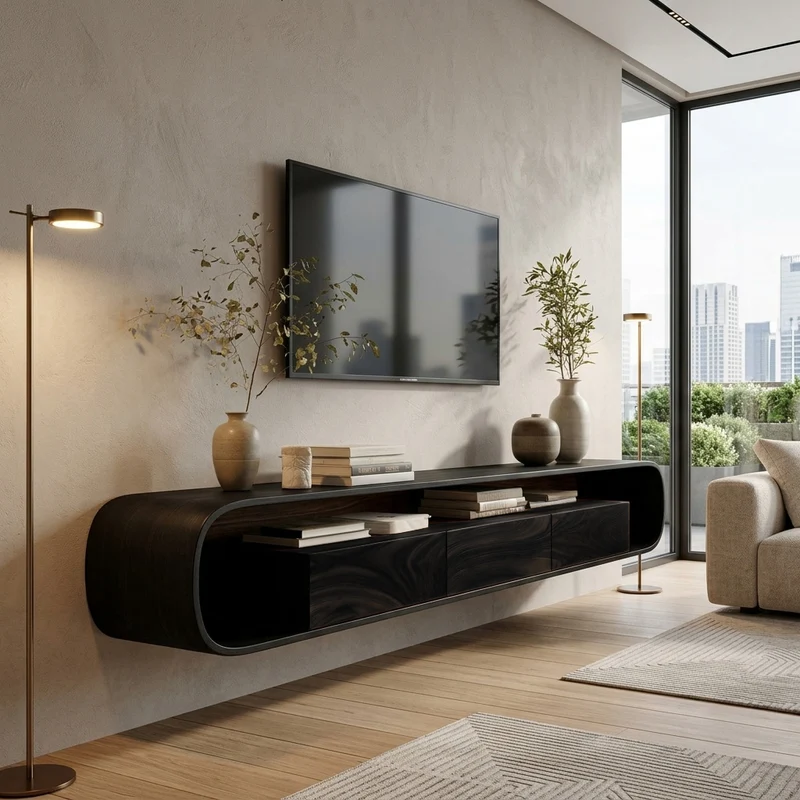 Spry Interior Organic Modern Floating TV Console, Wall Mounted Solid Wood Media Console Unit for Living Room, RTTHHNTVC059