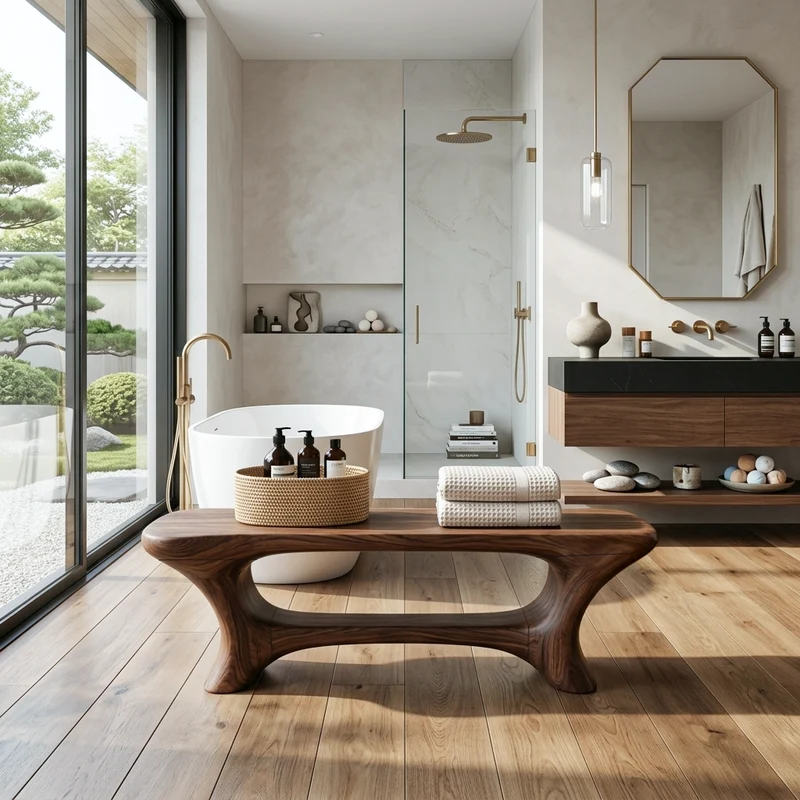 Spry Interior Modern Organic Wood Bathroom Seat with Center Shelf, Water-Resistant Shower Bench & Spa Stool Organizer, SITHTTSB021