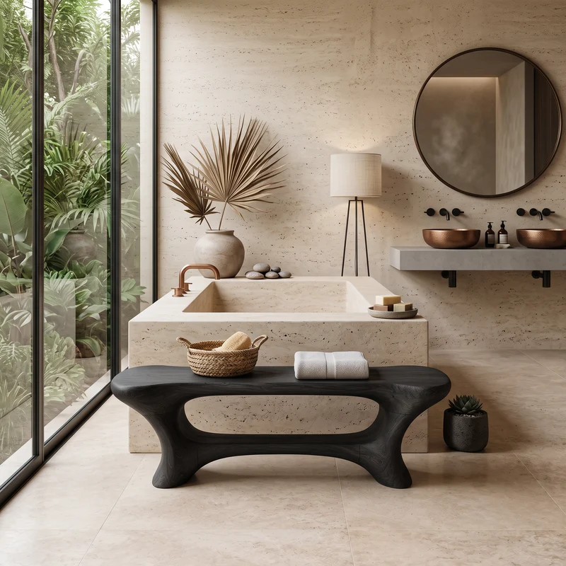 Spry Interior Modern Organic Wood Bathroom Seat with Center Shelf, Water-Resistant Shower Bench & Spa Stool Organizer, SITHTTSB021