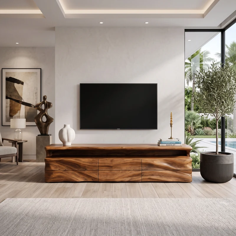 Spry Interior Modern TV Console with Open Shelf & Storage Drawers, Solid Wood Entertainment Media Center for Living Room, SITHHNTVC020