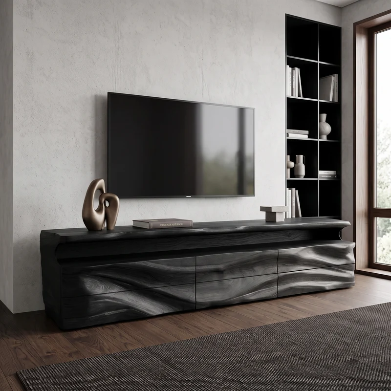 Spry Interior Modern TV Console with Open Shelf & Storage Drawers, Solid Wood Entertainment Media Center for Living Room, SITHHNTVC020