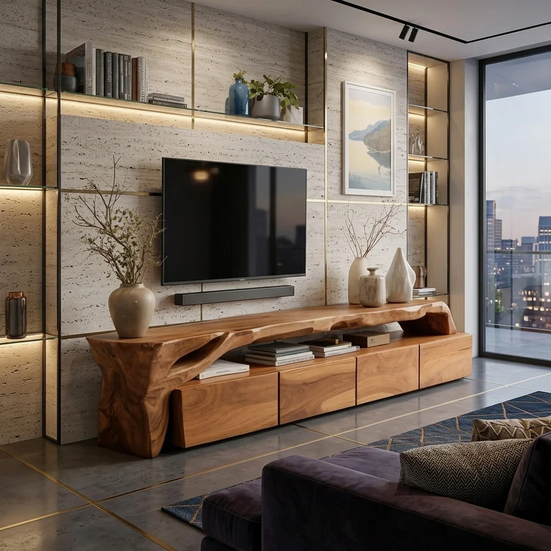 Spry Interior Modern TV Stand with Media Storage Drawers, Solid Wood Low Profile Entertainment Console for Living Room, SITHHNTVC013