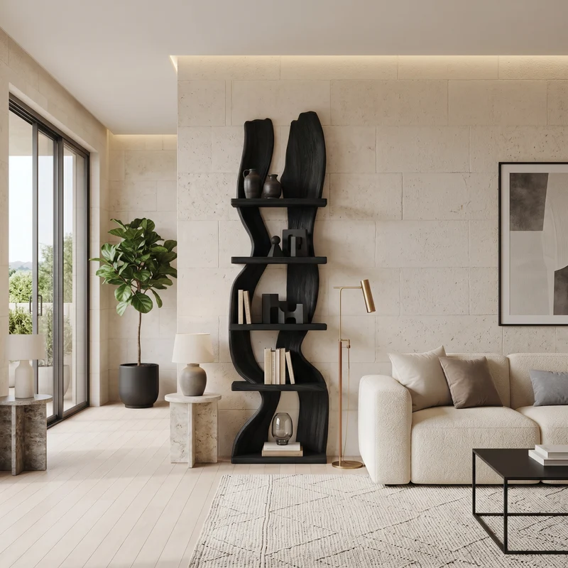 Spry Interior Modern Rustic Standing Shelf with Curved Silhouette, Handcrafted Wood Tall Display Bookcase for Living Room, SITHTTSS002