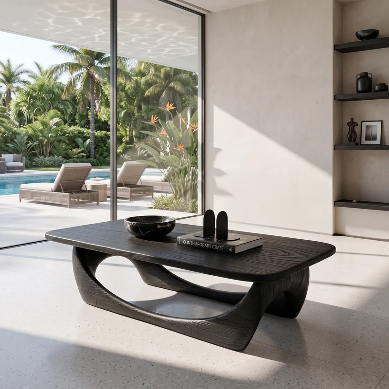 Spry Interior Minimal Coffee Table, Smooth Curved Base Pedestal Solid Wood Cocktail Table for Modern Living Room Interior, RTTHHNCF060