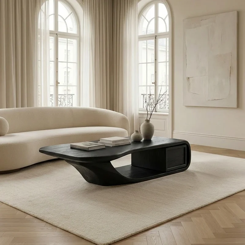 Spry Interior Modern Sculptural Coffee Table with Curved Design, Handcrafted Solid Wood Center Cocktail Table for Home Office, SITHHNCF088