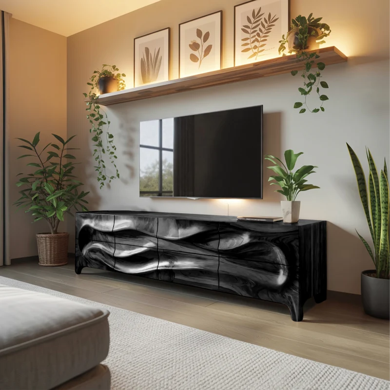Spry Interior Modern Wood TV Cabinet with Wave Carved Front, Solid Timber Media Console Entertainment Stand for Living Room, SITHTTTVC005