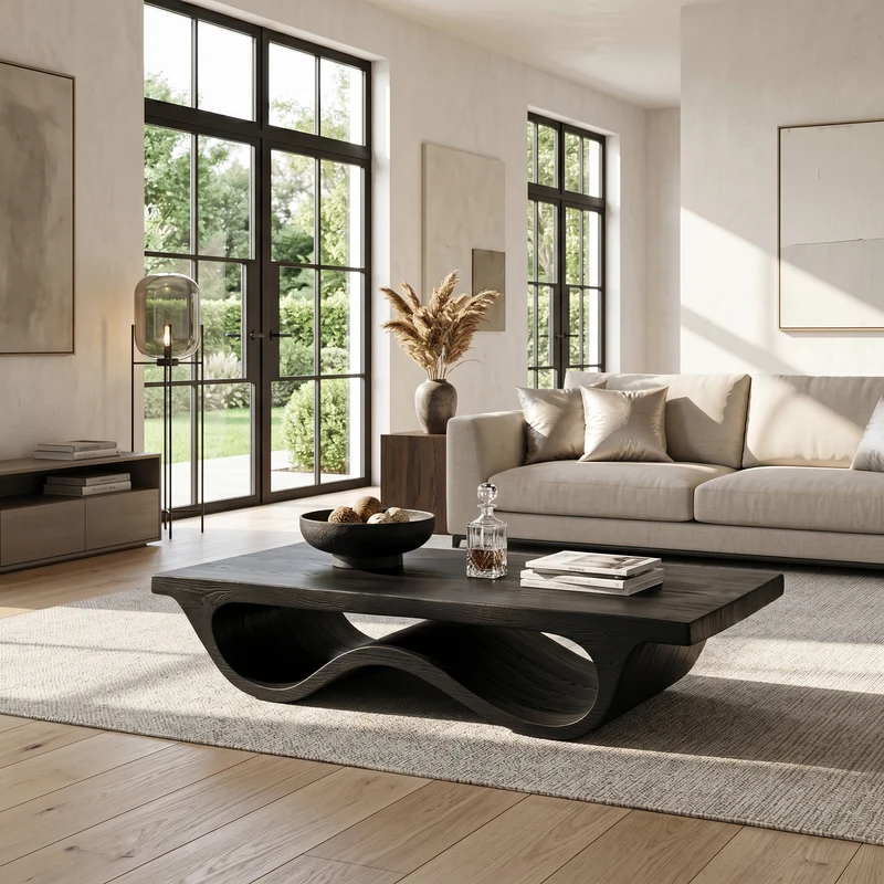 Spry Interior Contemporary Coffee Table, Curved Leg Pedestal Solid Wood Cocktail Table for Modern Living Room & Lounge, RTTHHNCF058