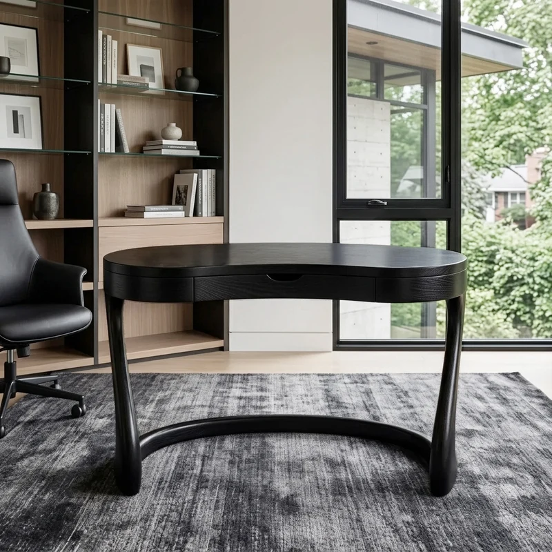 Spry Interior Modern Sculpted Desk with Storage Drawers, Minimalist Solid Wood Laptop Study Table PC Workstation for Home Office, SITHHNDE025
