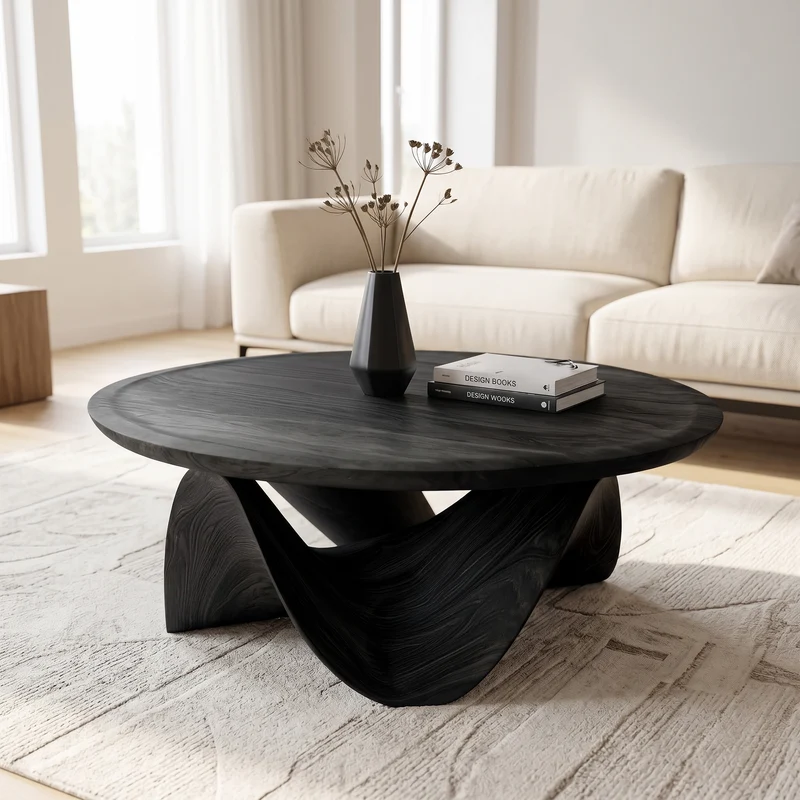 Spry Interior Sculptural Round Coffee Table, Modern Solid Wood Low Center Table for Living Room & Lounge Holiday Decor, SITHHNCM001