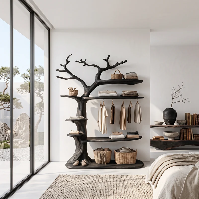 Spry Interior Rustic Tree Clothing Rack with Wood Display Shelves, Free Standing Garment Organizer for Bedroom & Entryway, SINLSATCR080