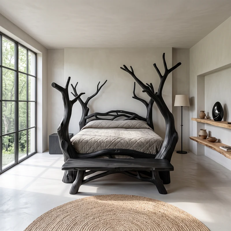 Spry Interior Rustic Organic Wood Bed Frame, Handcrafted Solid Timber Platform Bed for Master Bedroom Suite, SINLSAWB081
