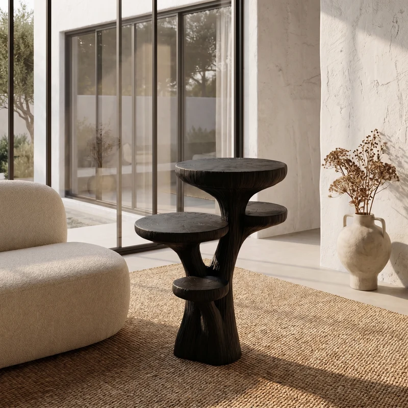 Spry Interior Rustic Sculptural Side Table, Handcrafted Solid Wood Pedestal End Table & Bedside Nightstand, SINLHABT250