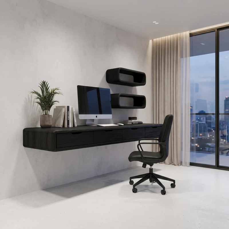 Spry Interior Modern Floating Desk with Drawer & Wall Mounted Shelves, Space-Saving Wood Writing Laptop Table for Office - SINLHADK124
